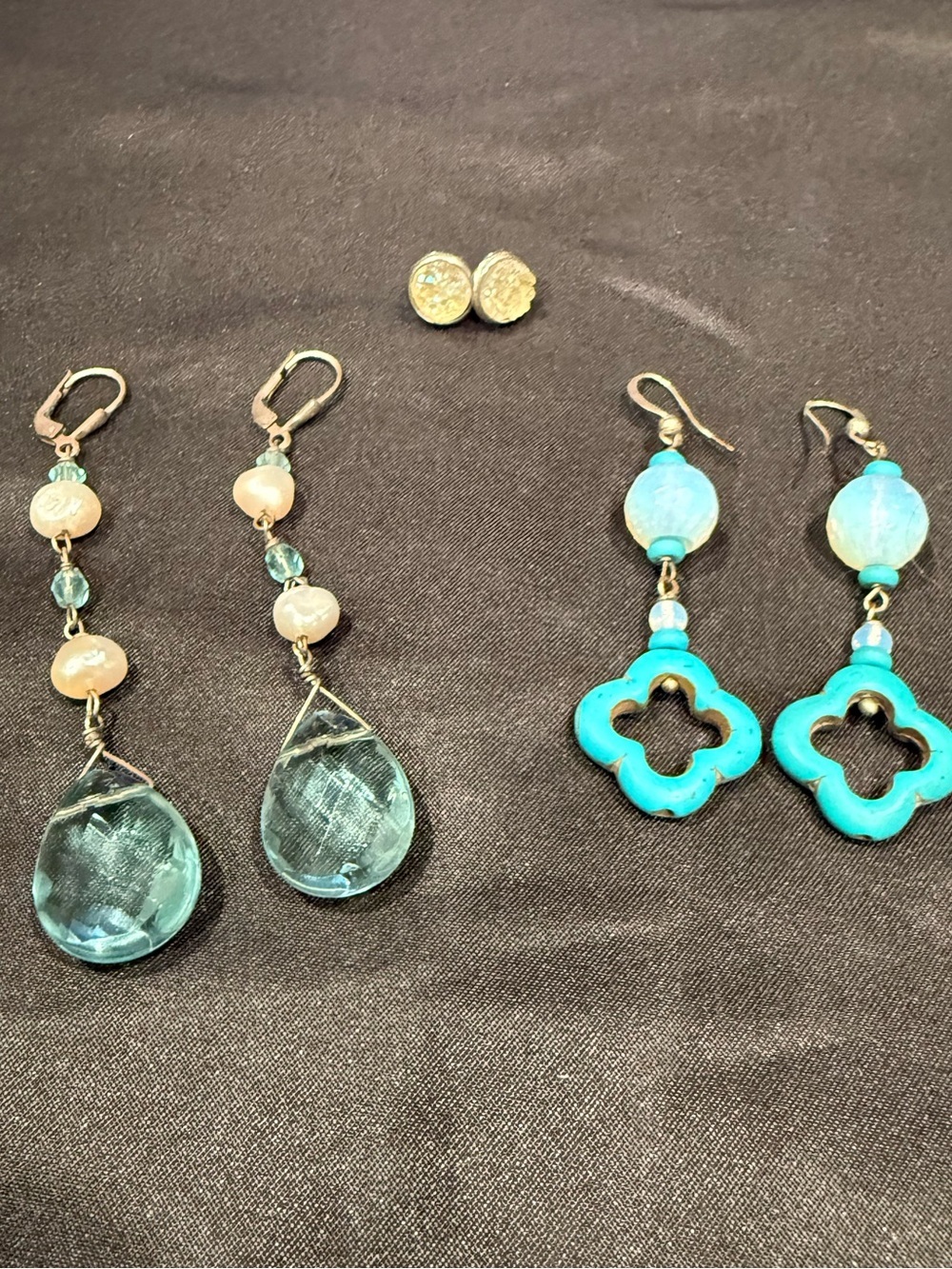 3 Pairs Earrings Druzy Quartz Studs + Blue Topaz Crystal Drops +Turquoise Clover - Picture 3 of 13